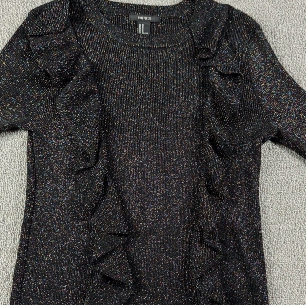 FOREVER 21 Metallic Shimmering  Black  Ruffled Top (Fits 1X-2X easily)